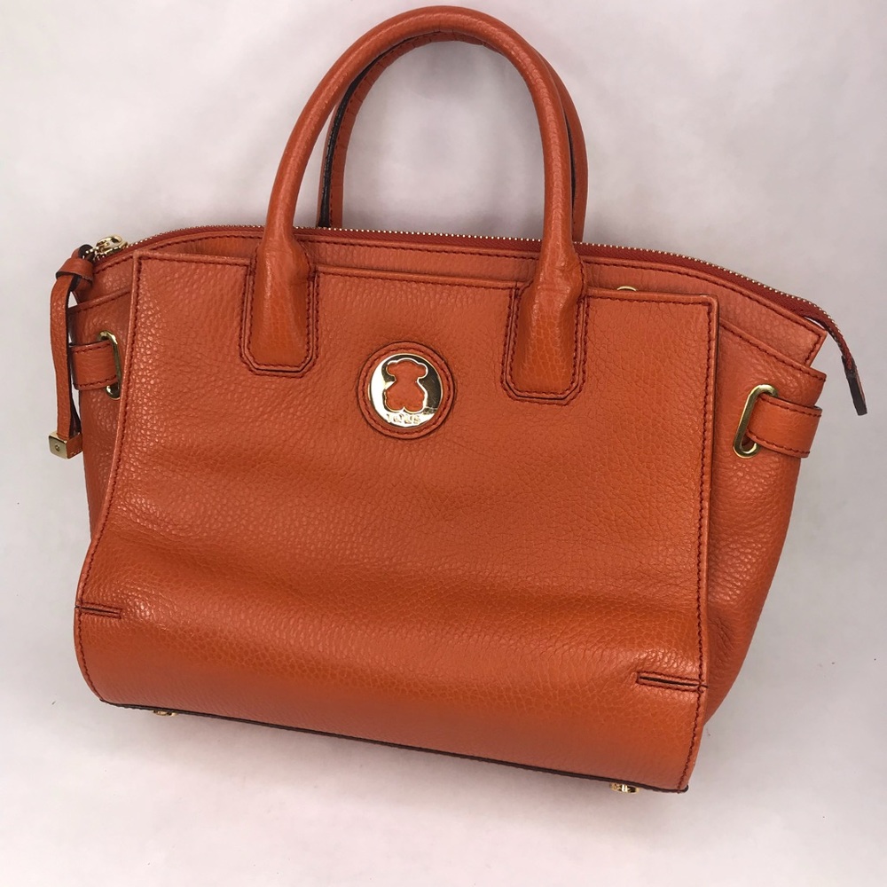 Tous Orange Pebbled Leather Double Handles Satchel Tote Purse Bag